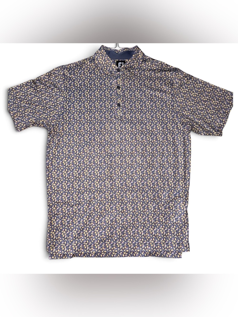 FitJoy Men's Navy Floral Performance Short-Sleeve Polo